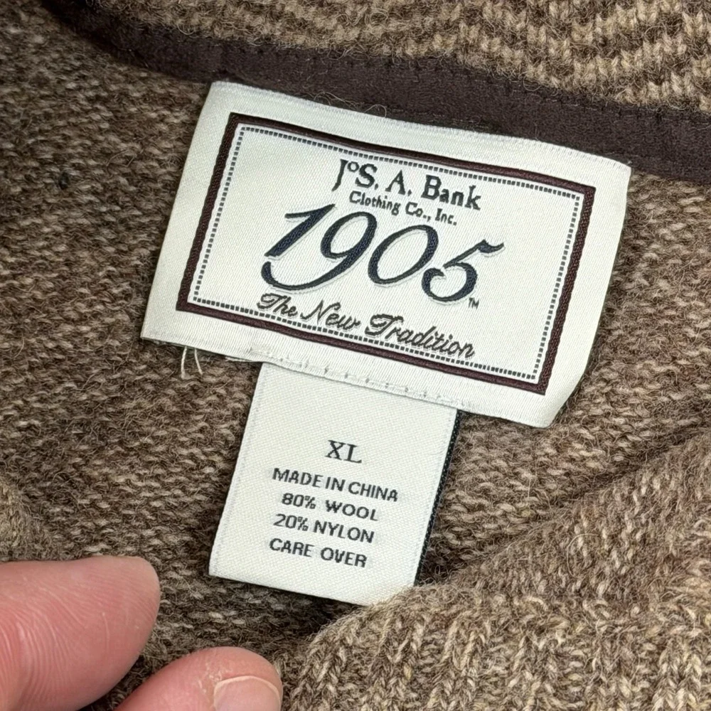 Jos A Bank 1905 Men's XL‎ Brown Wool Blend Henley Sweater Mock Neck Cable Knit